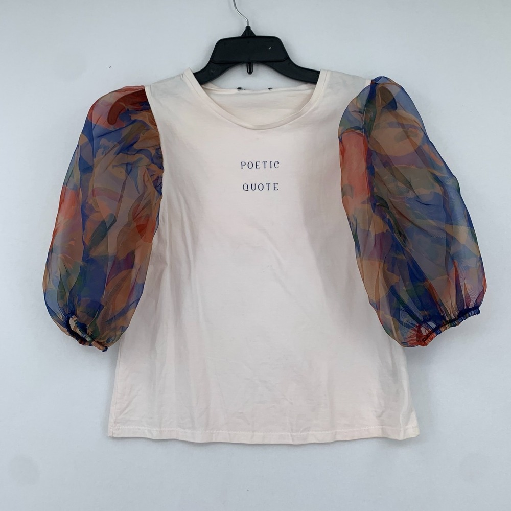 ZARA White Floral Puffy Sleeve 'Poetic Quote' Size Small Boho Indie Art‎ Museum